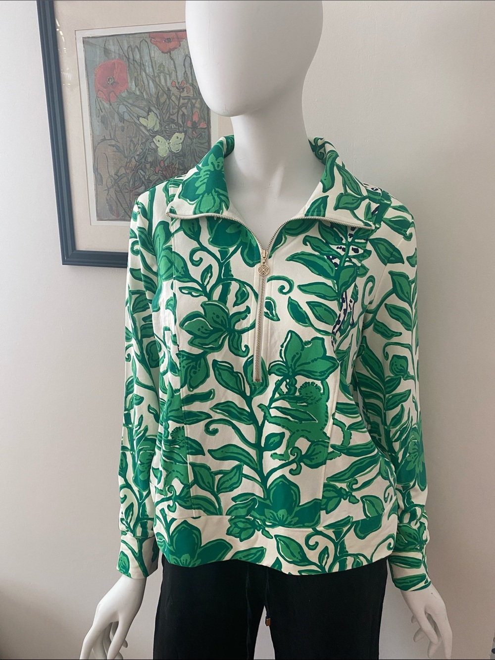 Lilly Pulitzer Green and White Half-Zip Floral Pullover